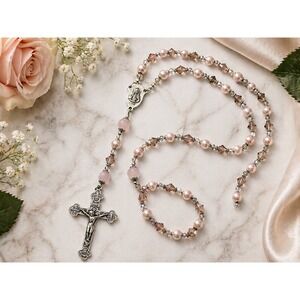 Pink Pearl Crystal Rosary Necklace Silver Tone Crucifix Italy Catholic